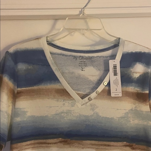 Chico’s Blue and Brown Striped V-Neck T-Shirt new Size L - Picture 2 of 4